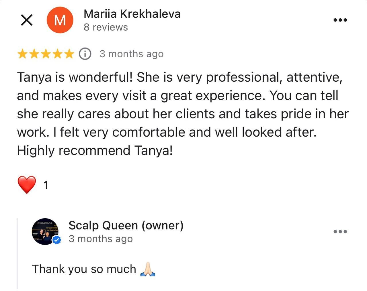 Google review from Mariia Krekhaleva for Scalp Queen SMP