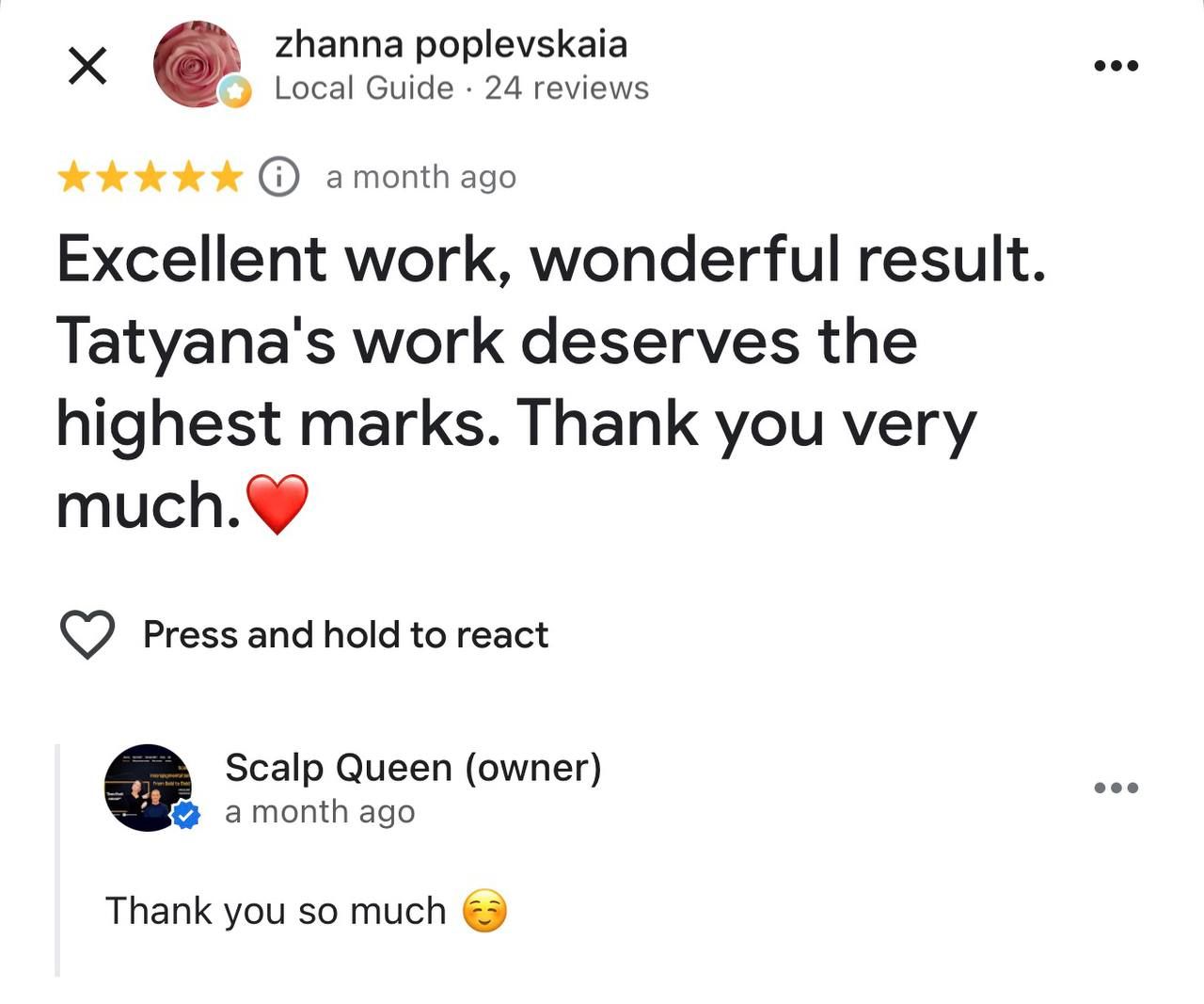Google review from Zhanna for Tatyana's SMP work