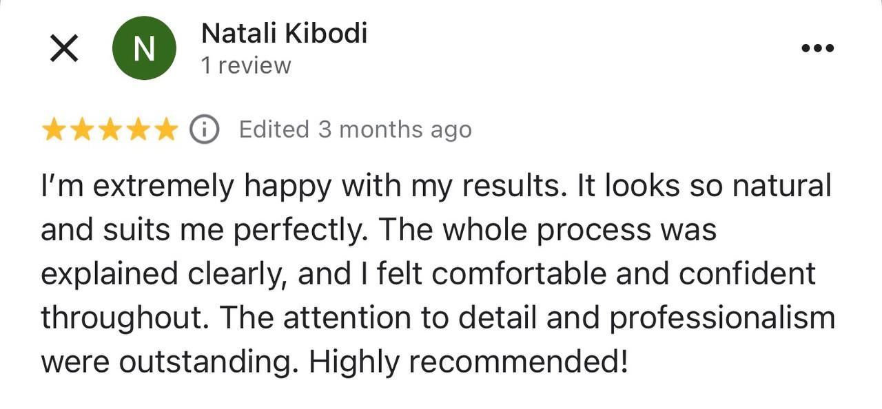 Google review from Natali Kibodi — natural-looking SMP result